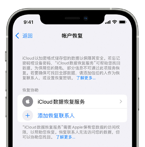 罗江苹果手机维修分享在 iPhone 上设置帐户恢复联系人的方法 