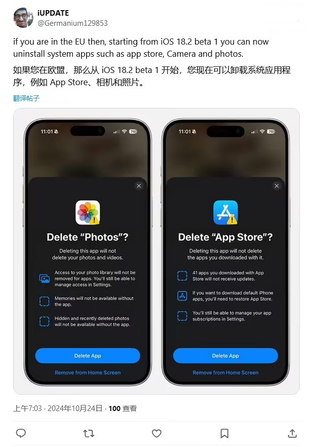 罗江苹果手机维修分享iOS 18.2 支持删除 App Store 应用商店 
