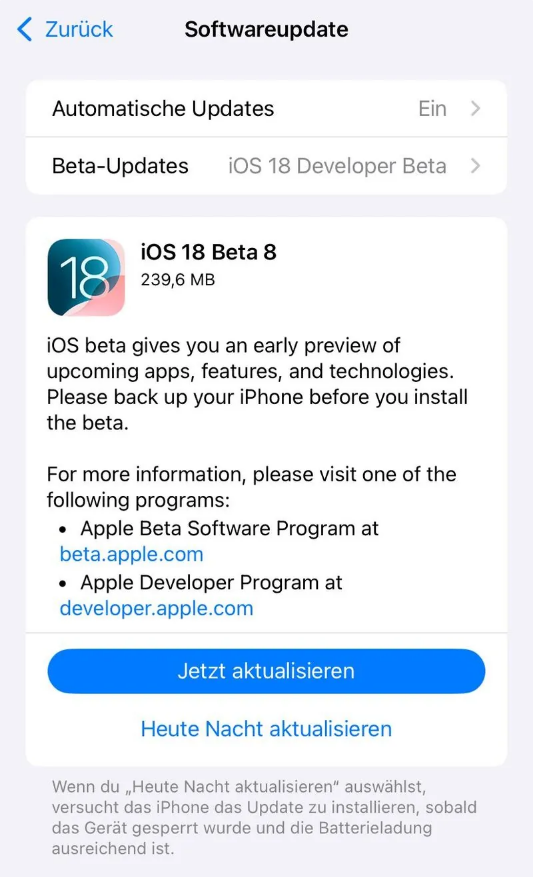 罗江苹果手机维修分享苹果 iOS / iPadOS 18 开发者预览版 Beta 8 发布 